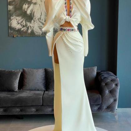 White Luxury Evening Dresses Long Sleeve Arabic..