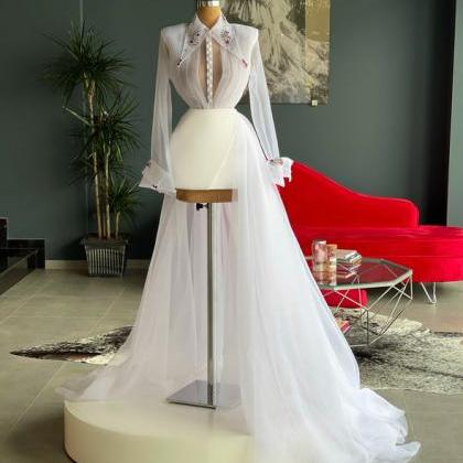 Fashion White Prom Dresses Long Sleeve Lapel..