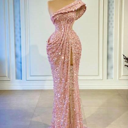 Pink Glitter Evening Dresses Long Sheer One..