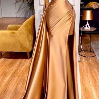 Gold Beaded Evening Dresses Long Satin Sexy Formal..