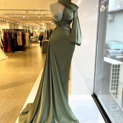 Olive Green Elegant Evening Dresses Long..