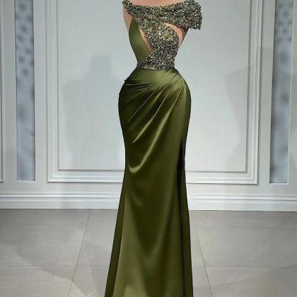 Olive Green Sparkly Evening Dresses Long Cap..