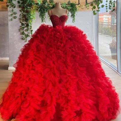 Red Quinceanera Dresses Spaghetti Straps Beaded..