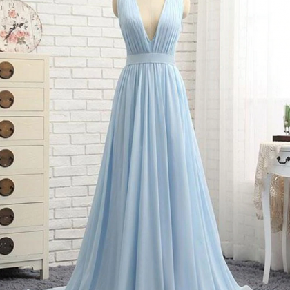 Blue Prom Dresses A Line Chiffon Simple Sleeveless..