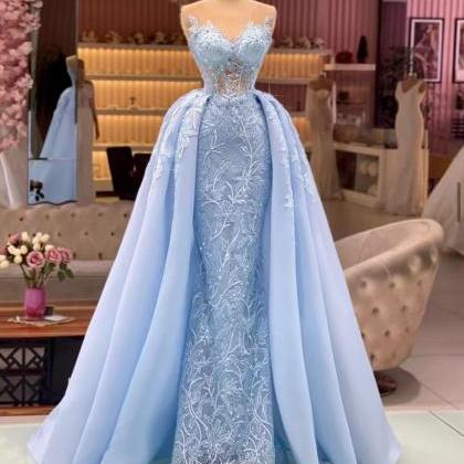 Blue Lace Applique Prom Dresses With Detachable..