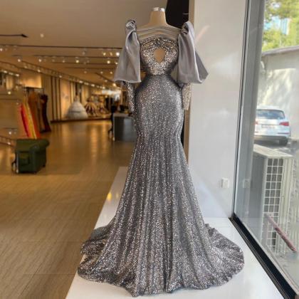 Sparkly Silver Sequins Evening Dresses Long Sleeve Modest Mermaid Luxury  Glitter Elegant Simple Even on Luulla