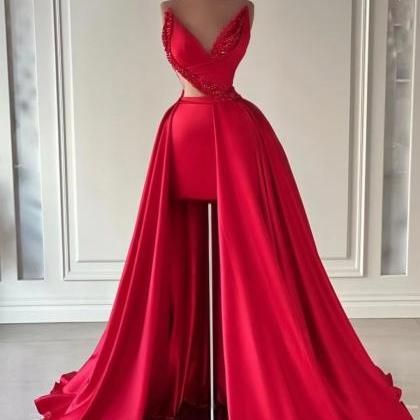 Red Prom Dreses With Overskirt Beaded V Neck..