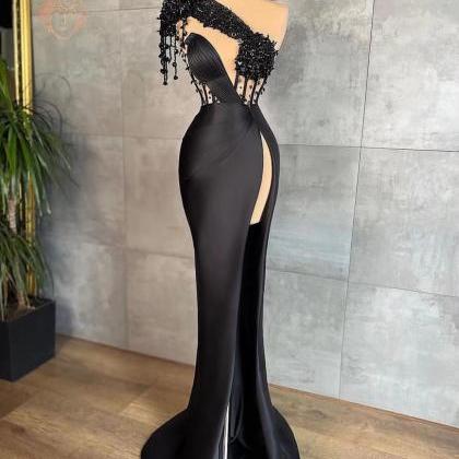 Trendy Black Pearls Mermaid Evening Gown SREAL227