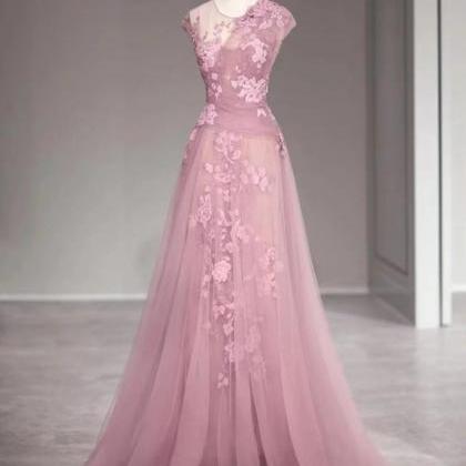 Pink Lace Applique Prom Dresses A Line Simple Cap..