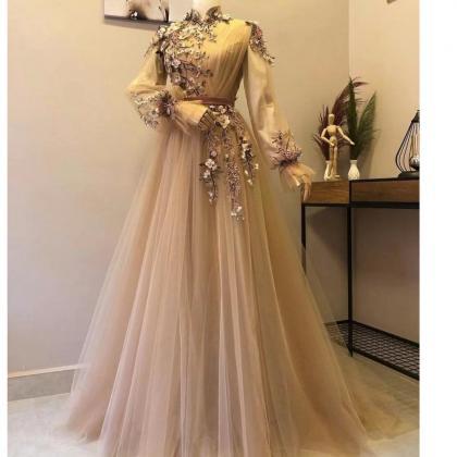 Gold Prom Dresses Long Sleeve Embrodiery Applique..
