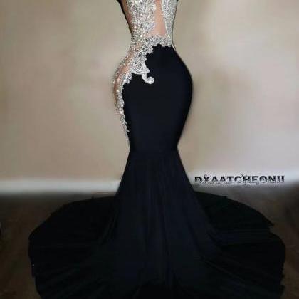 Black Evening Dresses Long Modest Beaded Applique..