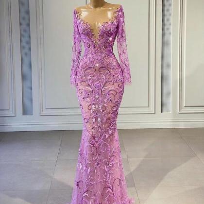 Pink Lace Applique Evening Dresses For Women..