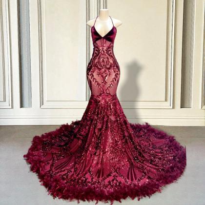 Halter Burgundy Prom Dresses Long Feather Sparkly..