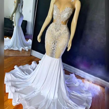 White Lace Applique Evening Dresses 2024 Formal..