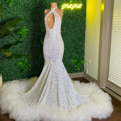 White Sparkly Prom Dresses 2024 Mermaid Halter..