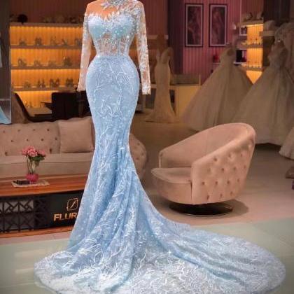 High Neck Blue Prom Dresses Long Sleeve Lace..