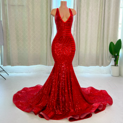 Red Sparkly Halter Evening Dresses Long Glitter..