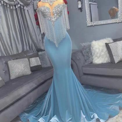 Luxury Beaded Tassel Prom Dresses Long Crystals..