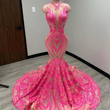 Pink Sparkly Applique Prom Dresses For Black Girls..
