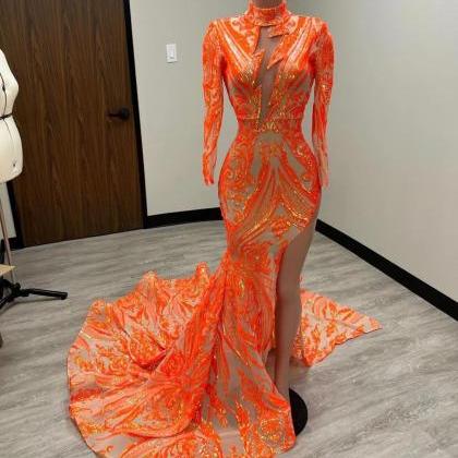 High Neck Orange Prom Dresses 2024 Long Sleeve..