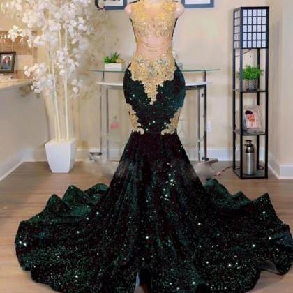 Abendkleider Sleeveless Green Sparkly Prom Dresses..