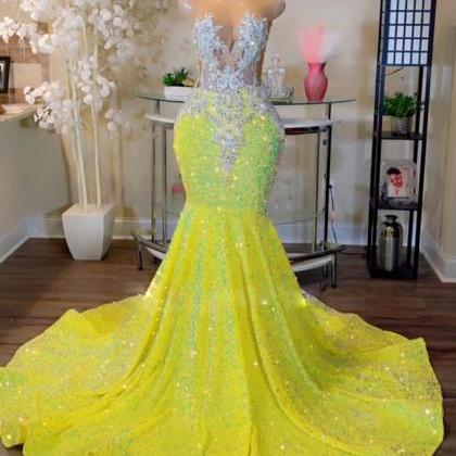 2024 Prom Dresses Sequins Sparkly Yellow..