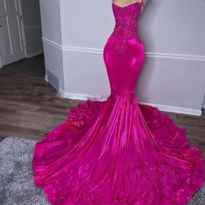 Spaghetti Strap Pink Prom Dresses For Women Beaded..