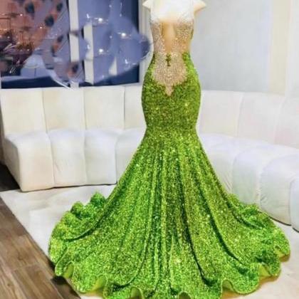 Glitter Olive Green Prom Dresses Luxury Beaded..
