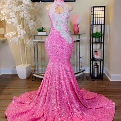 High Neck Sparkly Prom Dresses 2024 Sequin Elegant..
