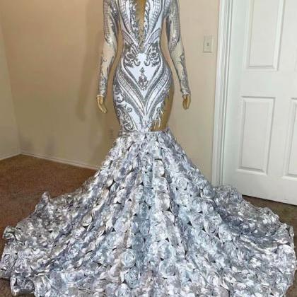 Silver Sequin Applique Prom Dresses Long Sleeve..