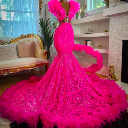 Sparkly Applique Prom Dresses Luxury Feather Pink..