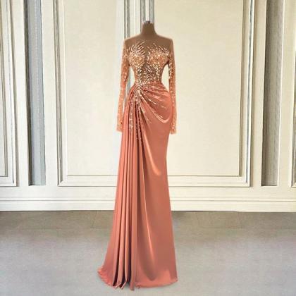 Beaded Peachy Prom Dresses Long Sleeve Crystals..
