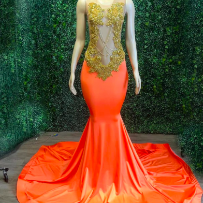 Orange Luxury Prom Dresses For Black Girls Mermaid..