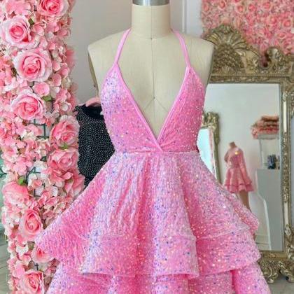 Halter Pink Prom Dresses Short 2024 Sparkly Sexy..