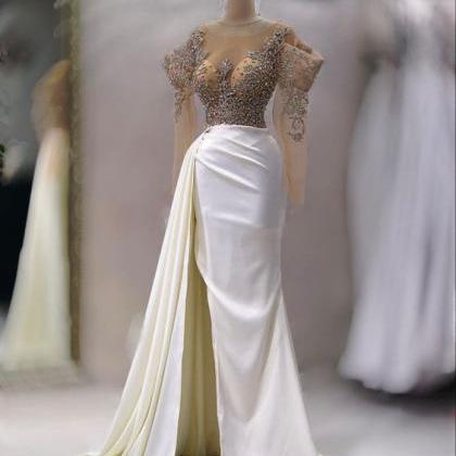 White Prom Dresses Long Sleeve Beaded Elegant..