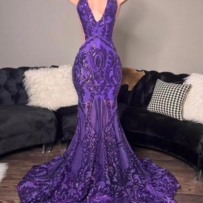 Purple Sparkly Prom Dresses 2024 Halter Mermaid..