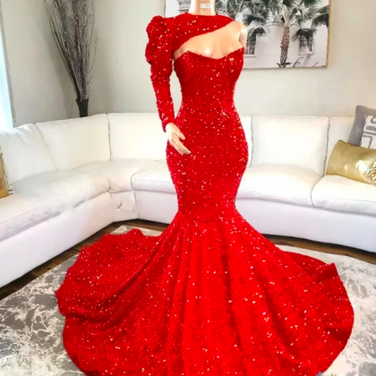 One Shoulder Sparkly Red Prom Dresses Mermaid..