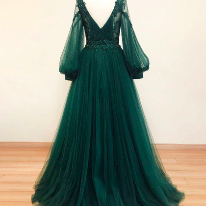 Long Sleeve Green Prom Dresses 2023 Beaded Lace..