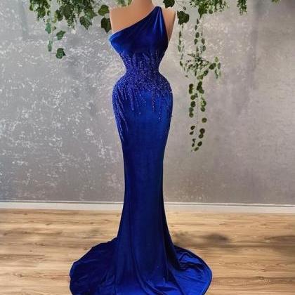 Royal Blue Evening Dresses 2023, One Shoulder Lace..