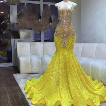 Yellow Sparkly Prom Dresses 2023 Mermaid Glitter..