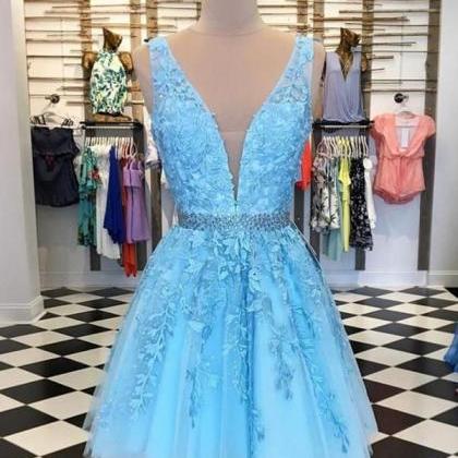 Blue Lace Applique Prom Dresses Short V Neck..