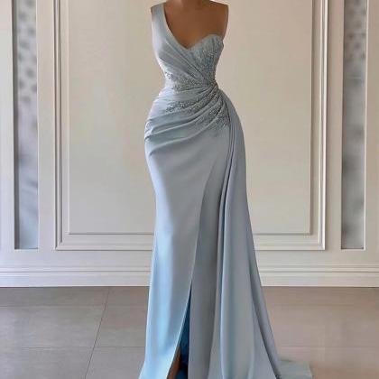 Beaded Applique Blue Prom Dresses 2024 Gala Formal..