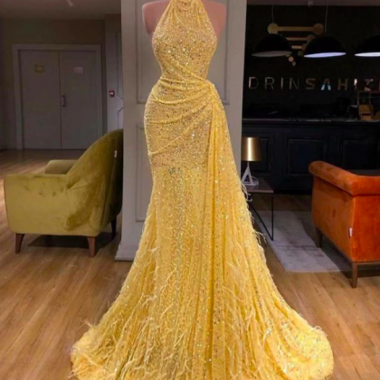 Yellow Sparkly Prom Dresses For Women High Neck..