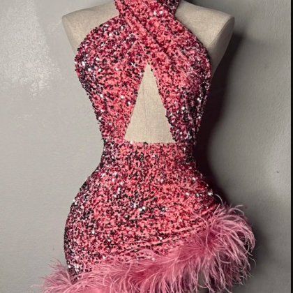 Mini Party Dresses Feather Pink Sparkly Prom..