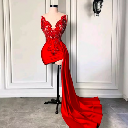 Red Fashion Prom Dresses 2024 Lace Applique Beaded..