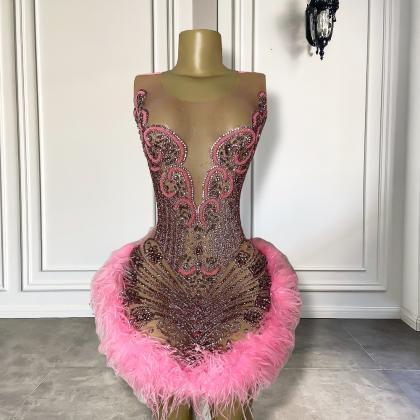 Feather Pink Prom Dresses Short Diamonds Sexy..