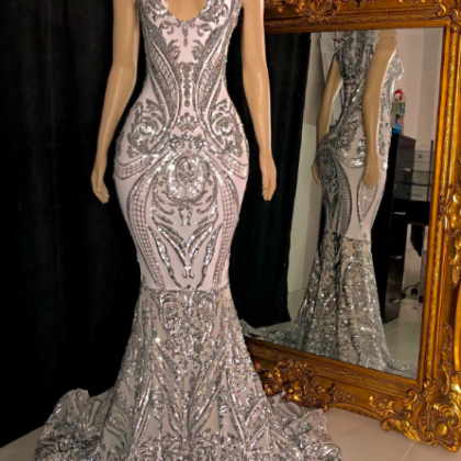 Custom Make Prom Dresses 2024 Silver Sequin..