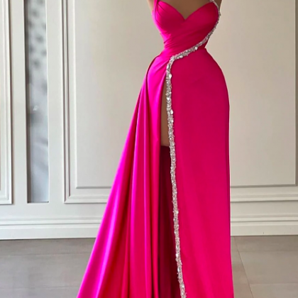 One Shoulder Beading Prom Dresses 2024 Pink..