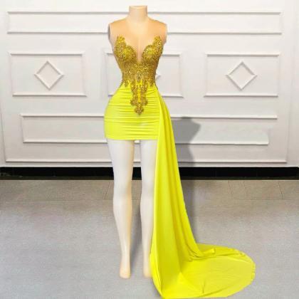 Yellow Sexy Prom Dresses For Women Gold Beaded..