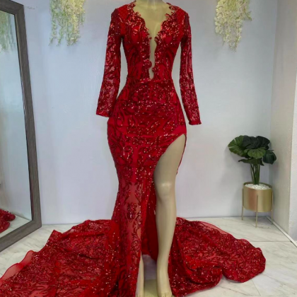 Sparkly Red Prom Dresses Long Sleeve Elegant..